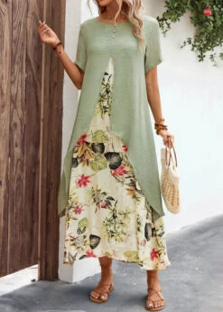 Sage Green Fake 2in1 Leaf Print Dress -Modlily Shop 327476 P 16792882507469