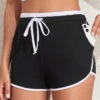 Black Contrast Binding Regular Drawastring High Waisted Shorts
