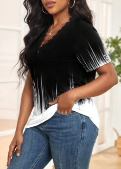 Black Lace Ombre Short Sleeve T Shirt -Modlily Shop 327578 P 16801772911032