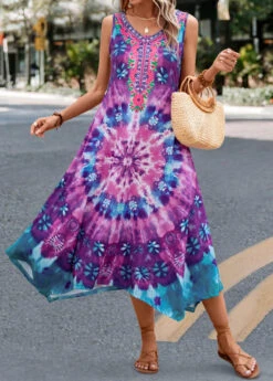 Purple Handkerchief Hem Tie Dye Print Dress