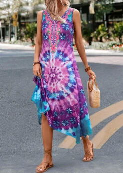 Purple Handkerchief Hem Tie Dye Print Dress -Modlily Shop 327585 P 16796207022675