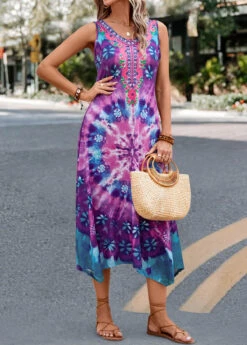 Purple Handkerchief Hem Tie Dye Print Dress -Modlily Shop 327585 P 16796207028494