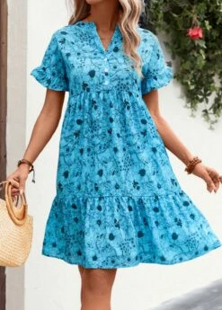 Button Detail Neon Blue Frill Floral Print Dress 12 Button Detail Neon Blue Frill Floral Print Dress -Modlily Shop 327599 P 16794529082154