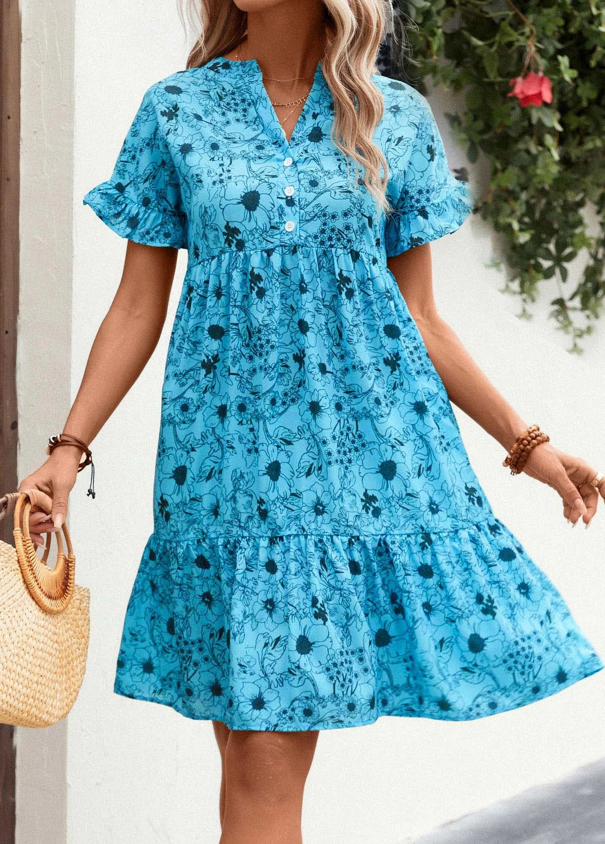 Button Detail Neon Blue Frill Floral Print Dress 7 Button Detail Neon Blue Frill Floral Print Dress - Image 5