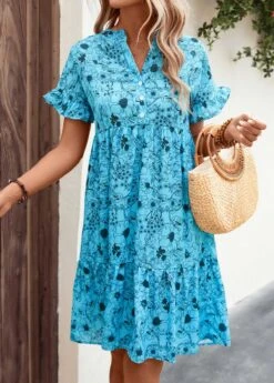 Button Detail Neon Blue Frill Floral Print Dress 11 Button Detail Neon Blue Frill Floral Print Dress -Modlily Shop 327599 P 16794529089223