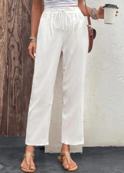 White Pocket Drawastring High Waisted Pants -Modlily Shop 327603 P 16824778022565