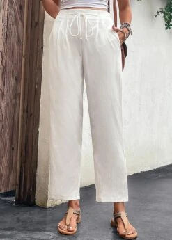 White Pocket Drawastring High Waisted Pants -Modlily Shop 327603 P 16824778028554