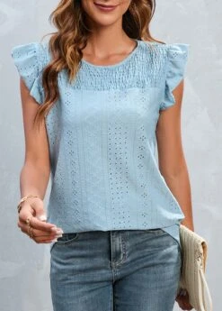 Light Blue Smocked Short Sleeve T Shirt -Modlily Shop 327607 P 16798866984925