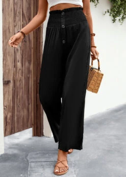 Black Button Regular Elastic Waist High Waisted Pants 13 Black Button Regular Elastic Waist High Waisted Pants -Modlily Shop 327617 P 16802335861315