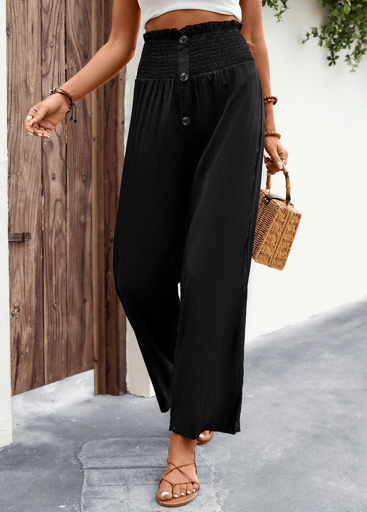 Black Button Regular Elastic Waist High Waisted Pants 8 Black Button Regular Elastic Waist High Waisted Pants - Image 6