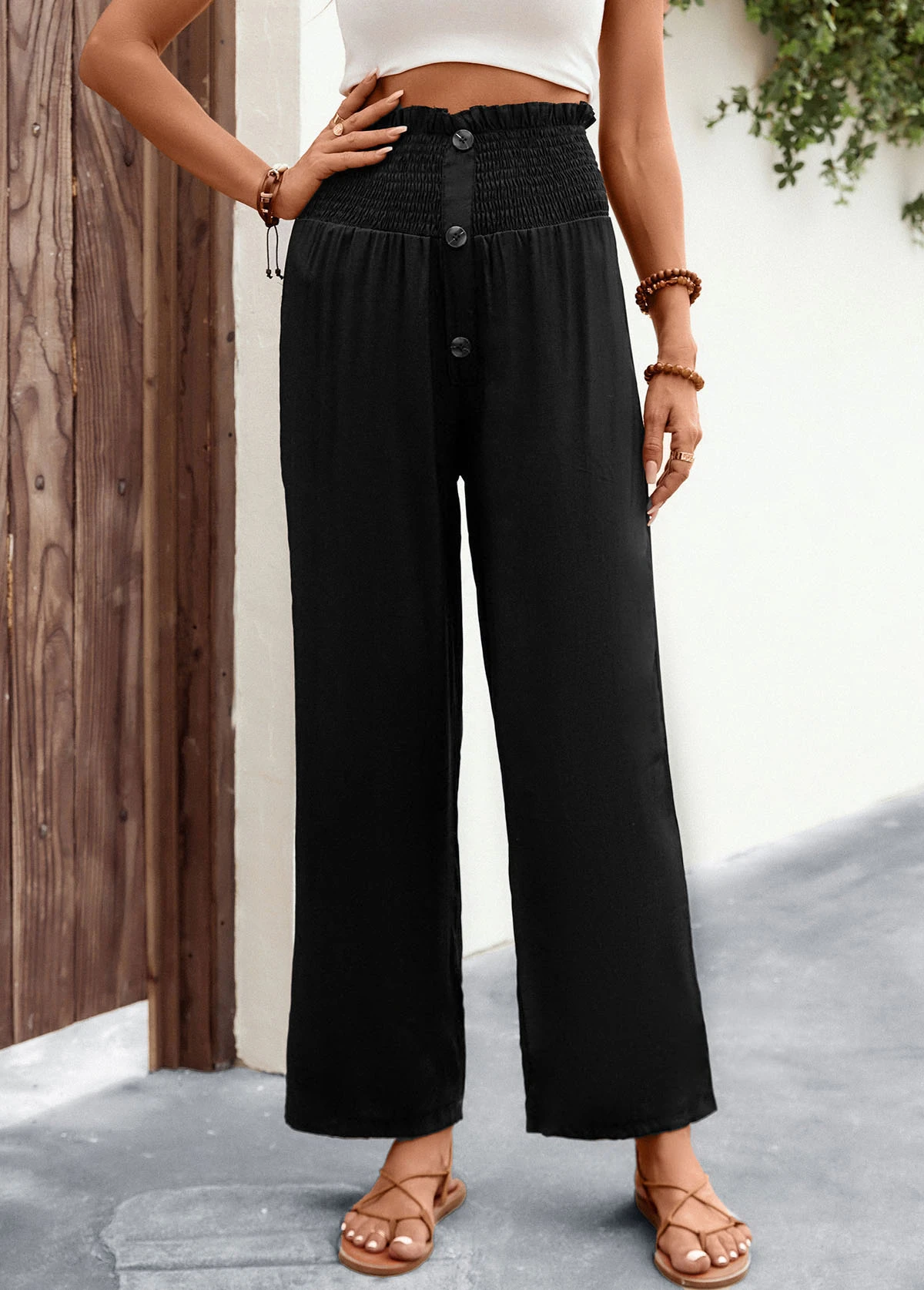 Black Button Regular Elastic Waist High Waisted Pants 7 Black Button Regular Elastic Waist High Waisted Pants - Image 5