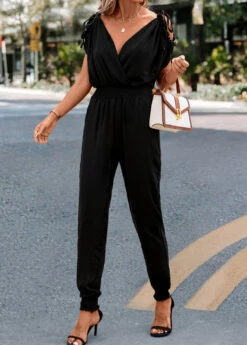 Black Criss Cross Ankle Length Short Sleeve Jumpsuit -Modlily Shop 327619 P 16793915984204