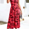 Red Umbrella Hem Leaf Print Sleeveless Maxi Dress -Modlily Shop 327641 P 16787910823440