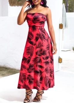 Red Umbrella Hem Leaf Print Sleeveless Maxi Dress -Modlily Shop 327641 P 16787910828744