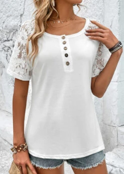 White Button Short Sleeve Round Neck T Shirt -Modlily Shop 327877 P 16799726290340