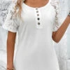 White Button Short Sleeve Round Neck T Shirt