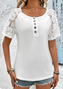 White Button Short Sleeve Round Neck T Shirt -Modlily Shop 327877 P 16799726292134