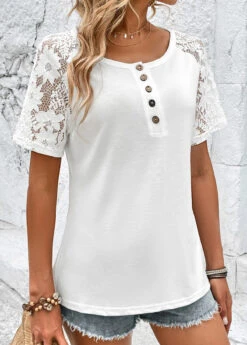 White Button Short Sleeve Round Neck T Shirt -Modlily Shop 327877 P 16799726293812