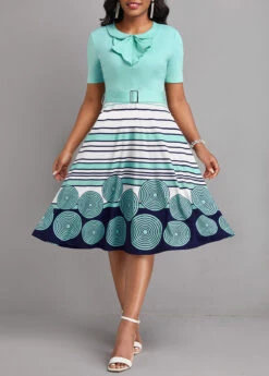 Cyan Frill Striped Belted Short Sleeve Dress -Modlily Shop 327948 P 16813625078543