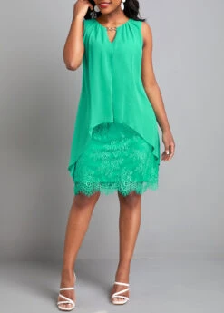 Green Lace H Shape Sleeveless Round Neck Dress -Modlily Shop 327952 P 16805177298643