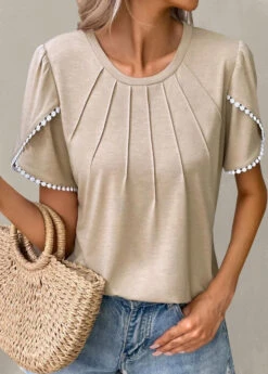 Light Camel Patchwork Short Sleeve T Shirt -Modlily Shop 328049 P 1678175199697