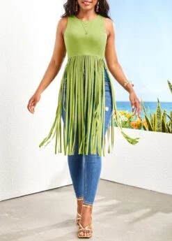 Avocado Green Tassel Sleeveless Round Neck T Shirt -Modlily Shop 328054 P 16799785171423
