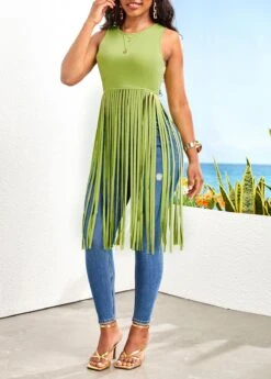 Avocado Green Tassel Sleeveless Round Neck T Shirt