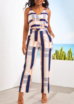 Multi Color Pocket Geometric Print Ankle Length Jumpsuit -Modlily Shop 328057 P 16814719530864