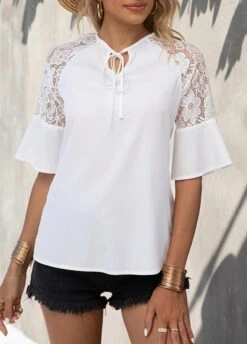 White Patchwork Half Sleeve Round Neck T Shirt