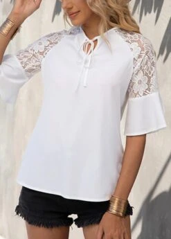 White Patchwork Half Sleeve Round Neck T Shirt -Modlily Shop 328105 P 1677637611519
