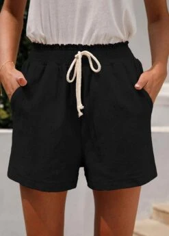 Black Pocket Regular Elastic Waist High Waisted Shorts -Modlily Shop 328107 P 1677638855684