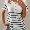 White Button Striped Short Sleeve T Shirt