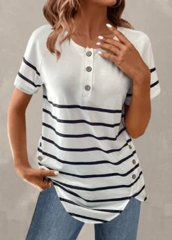 White Button Striped Short Sleeve T Shirt