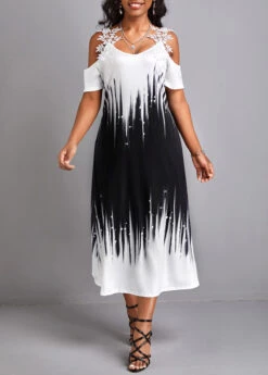 Black Patchwork A Line Short Sleeve Dress -Modlily Shop 328339 P 16796523430103