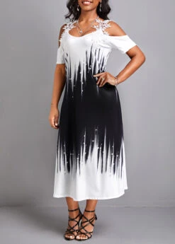 Black Patchwork A Line Short Sleeve Dress -Modlily Shop 328339 P 16796523434582