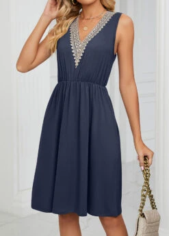 Navy Patchwork Short Sleeveless V Neck Dress 10 Navy Patchwork Short Sleeveless V Neck Dress -Modlily Shop 328396 P 1677833169416