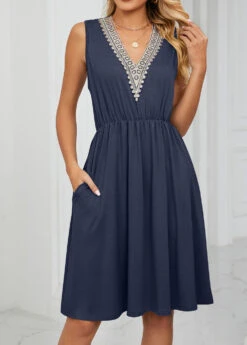 Navy Patchwork Short Sleeveless V Neck Dress