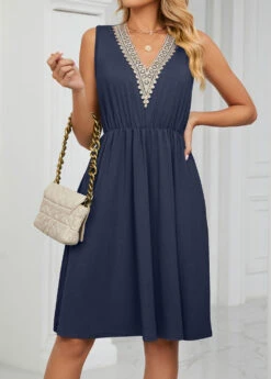 Navy Patchwork Short Sleeveless V Neck Dress 12 Navy Patchwork Short Sleeveless V Neck Dress -Modlily Shop 328396 P 1677833170307