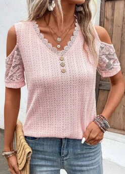 Light Pink Lace Short Sleeve T Shirt 14 Light Pink Lace Short Sleeve T Shirt -Modlily Shop 328451 P 16824687752712