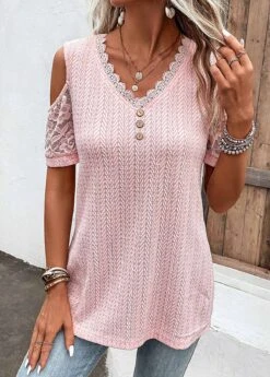 Light Pink Lace Short Sleeve T Shirt 12 Light Pink Lace Short Sleeve T Shirt -Modlily Shop 328451 P 16824687754004