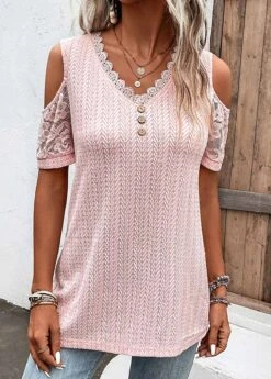 Light Pink Lace Short Sleeve T Shirt 17 Light Pink Lace Short Sleeve T Shirt -Modlily Shop 328451 P 16824687755755