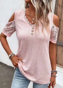 Light Pink Lace Short Sleeve T Shirt 15 Light Pink Lace Short Sleeve T Shirt -Modlily Shop 328451 P 16824687757693