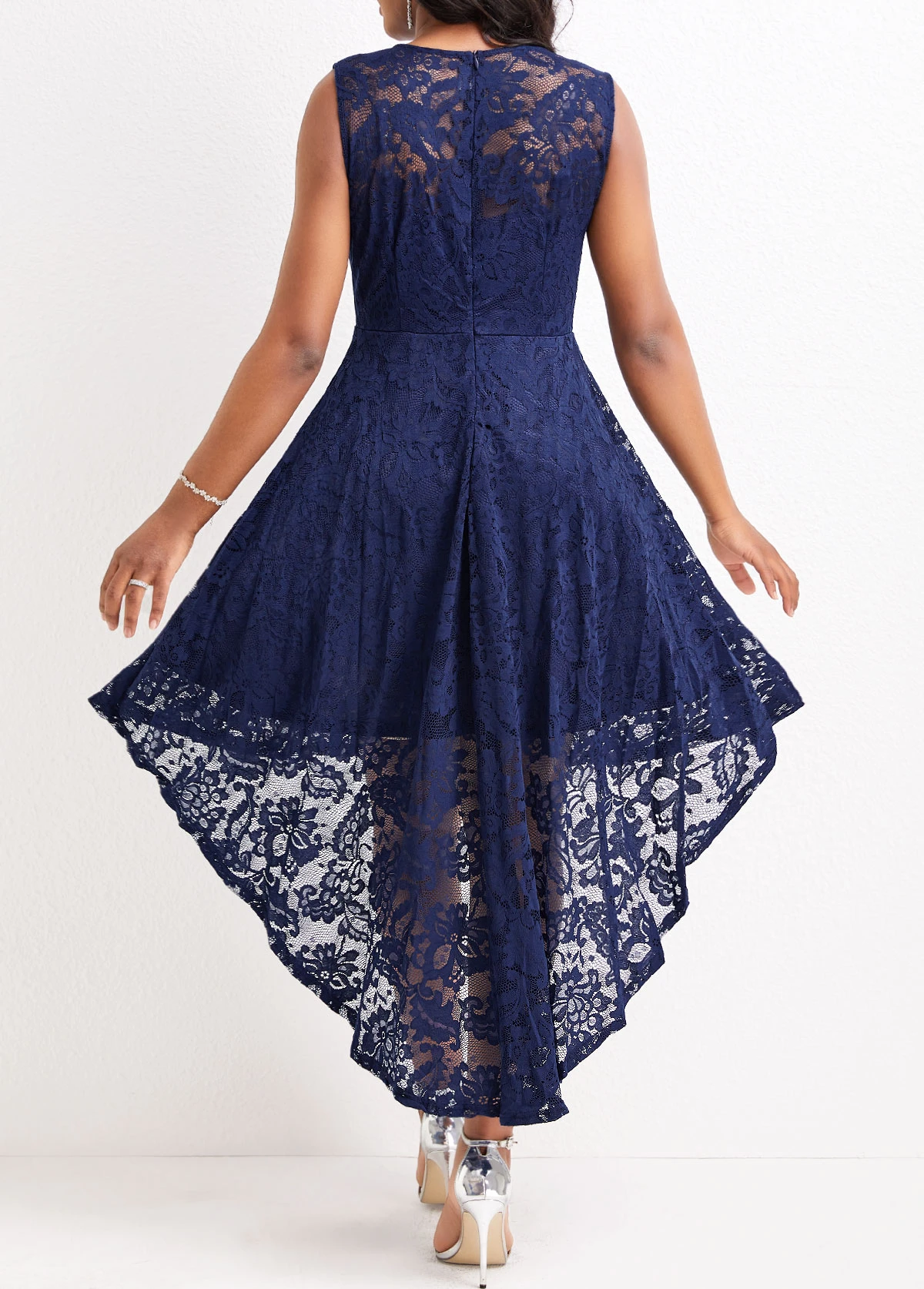 Navy Lace High Low Sleeveless Scoop Neck Dress 4 Navy Lace High Low Sleeveless Scoop Neck Dress - Image 2