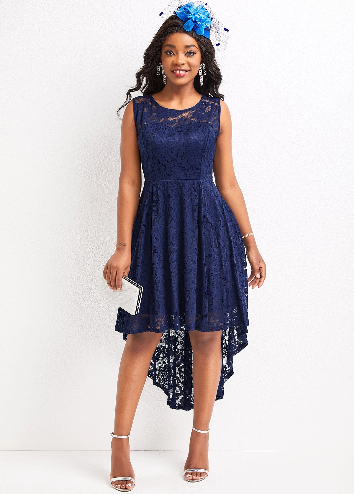 Navy Lace High Low Sleeveless Scoop Neck Dress 7 Navy Lace High Low Sleeveless Scoop Neck Dress - Image 5