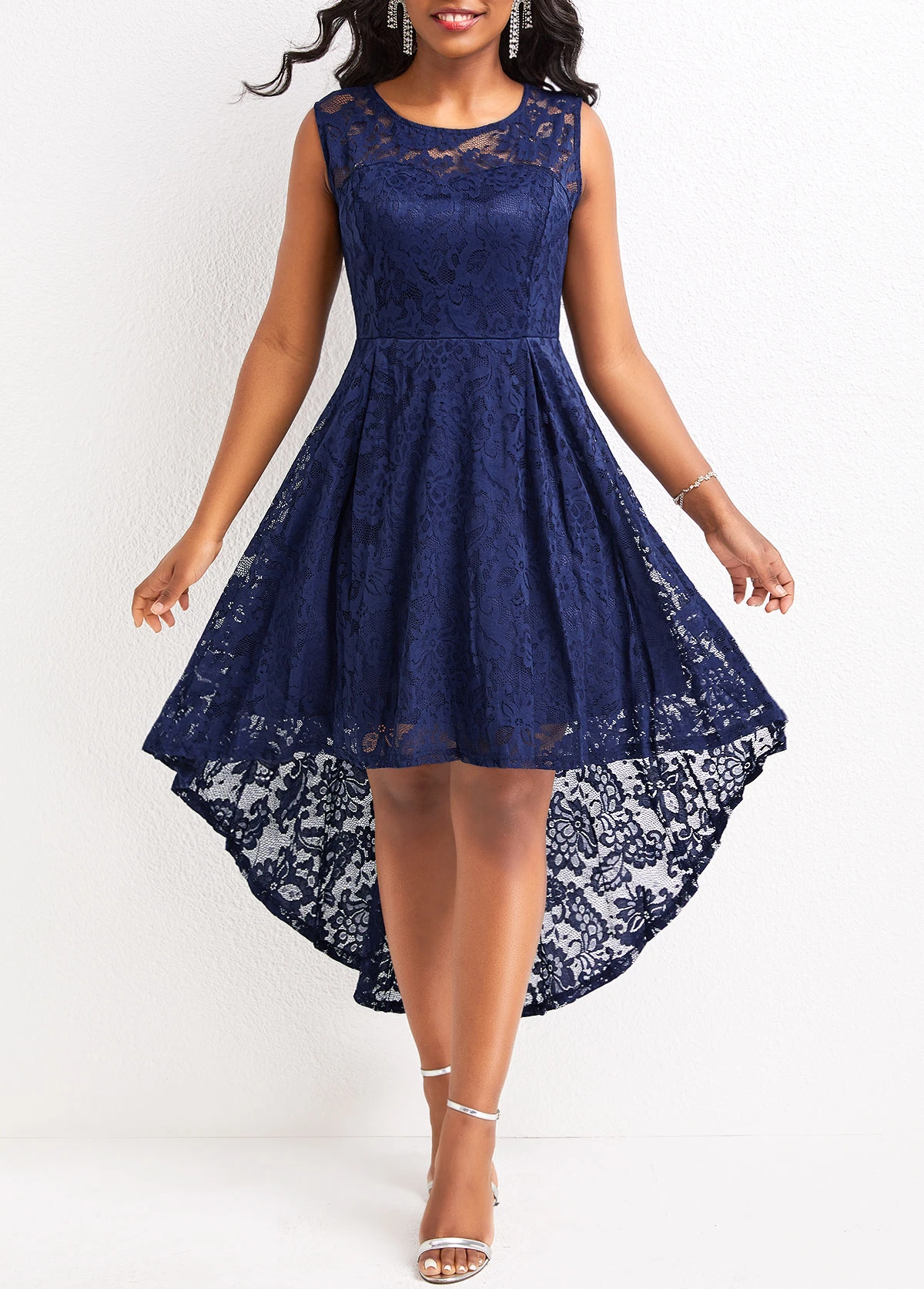 Navy Lace High Low Sleeveless Scoop Neck Dress 3 Navy Lace High Low Sleeveless Scoop Neck Dress