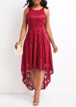 Wine Red Lace High Low Sleeveless Dress -Modlily Shop 328735 P 16802626920103