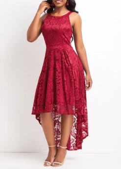 Wine Red Lace High Low Sleeveless Dress -Modlily Shop 328735 P 16802626925272