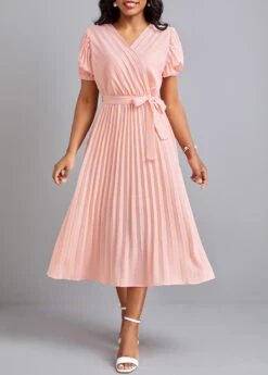 Light Pink Pleated Belted Short Sleeve Dress -Modlily Shop 328739 P 16790469455963
