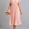 Light Pink Pleated Belted Short Sleeve Dress -Modlily Shop 328739 P 16790469459330