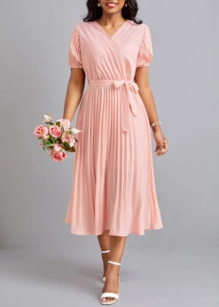 Light Pink Pleated Belted Short Sleeve Dress